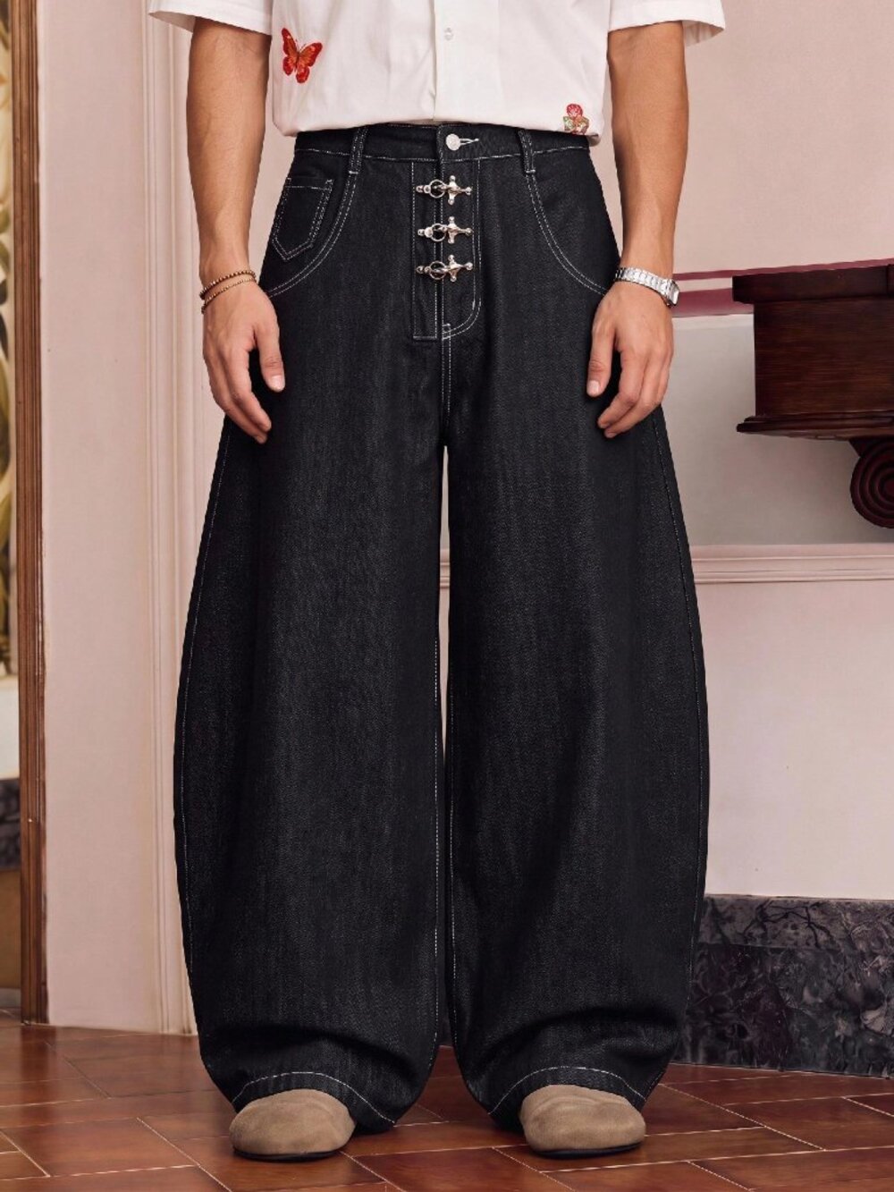 Black Casual Men's Woven Loose Straight Leg Long Pants - Picture 3 of 6
